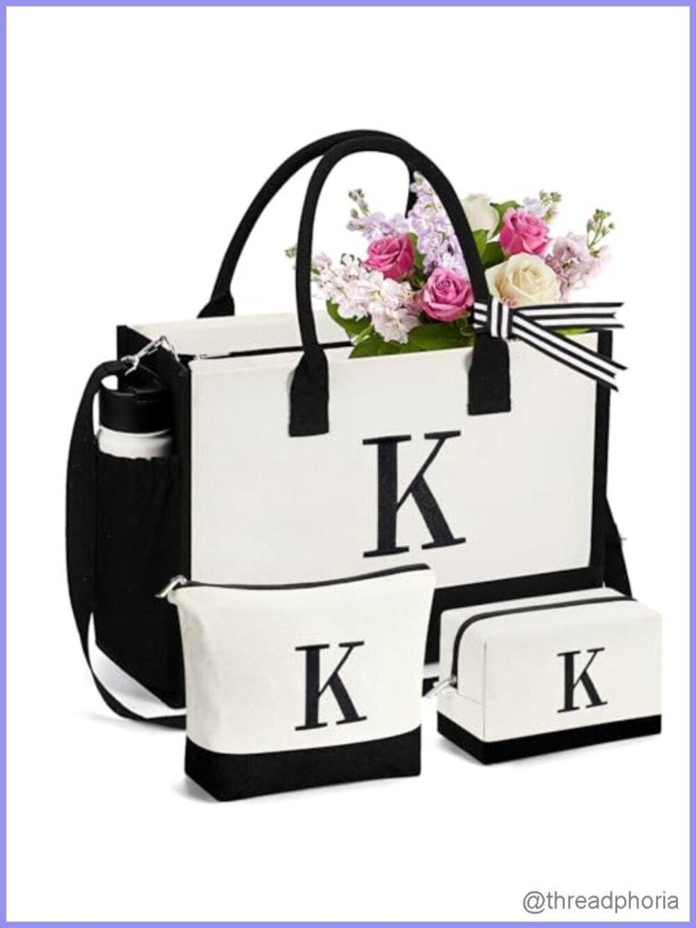 Canvas Tote Bag Set with 2 Makeup Bags Embroidered Personalized Monogram